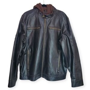 GUESS Men's Faux-Leather Hooded Motorcycle Jacket